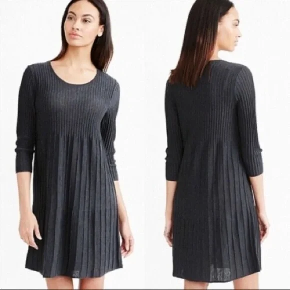 Eileen Fisher Washable Wool Ribbed Pleated Shift Dress Fit and Flare Long Sleeve - Picture 12 of 12